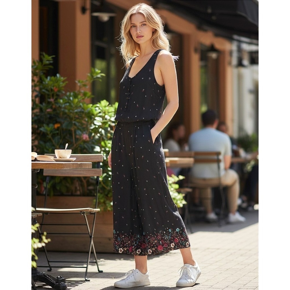 Black Floral Jumpsuit Large Wide‎ Leg Sleeveless Tie Back Summer Botanical